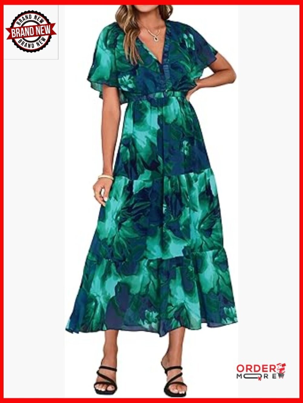 Floral Boho Maxi Dress V Neck Ruffle Sleeve Long Flowy Beach Wedding Guest